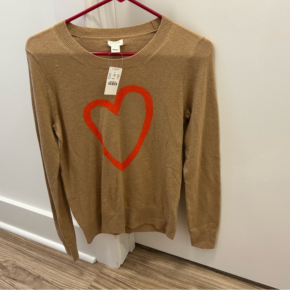 J.Crew Tan Sweater with Red Heart Design